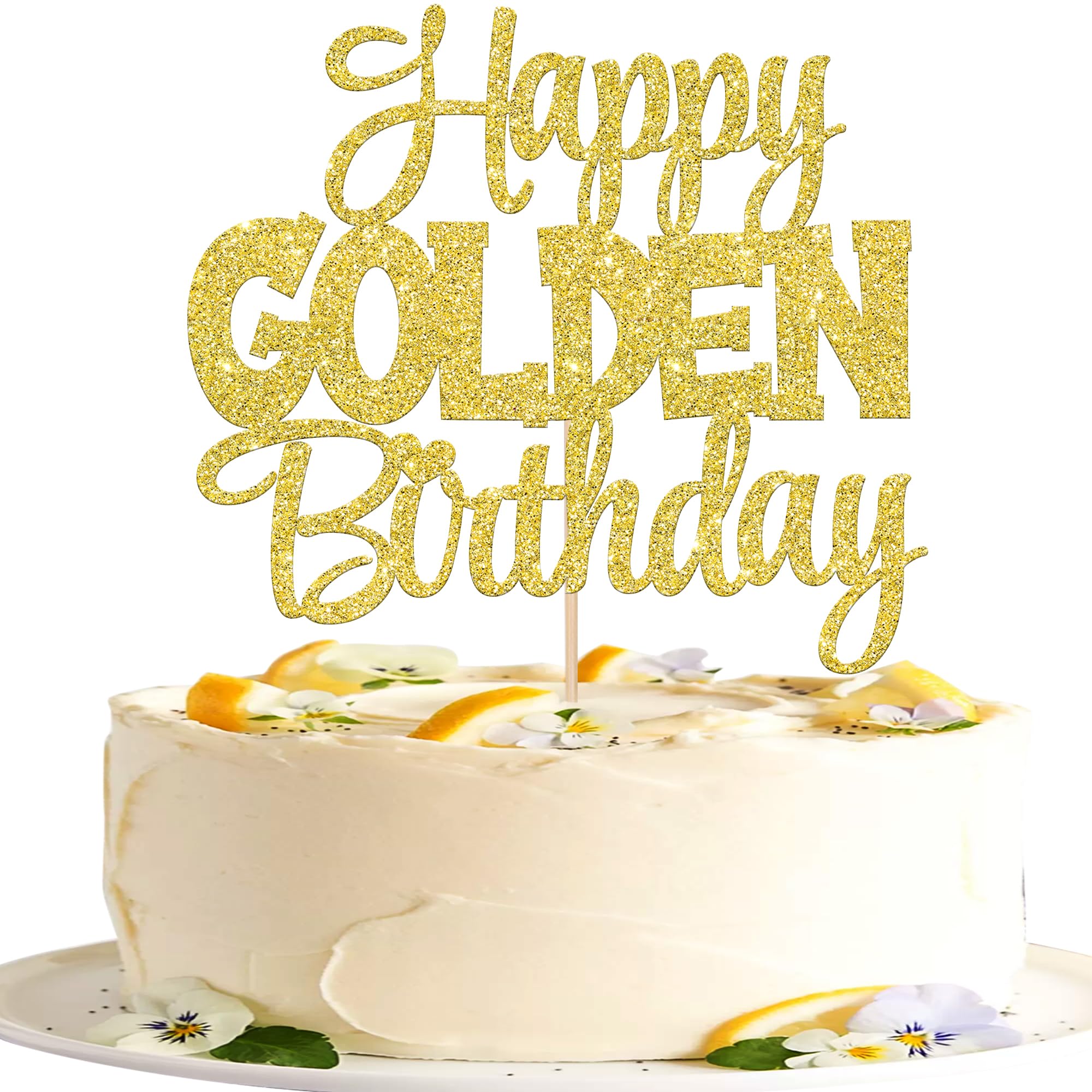 ZHUOWEISM Happy Golden Birthday Topper on cake; adds festive sparkle.