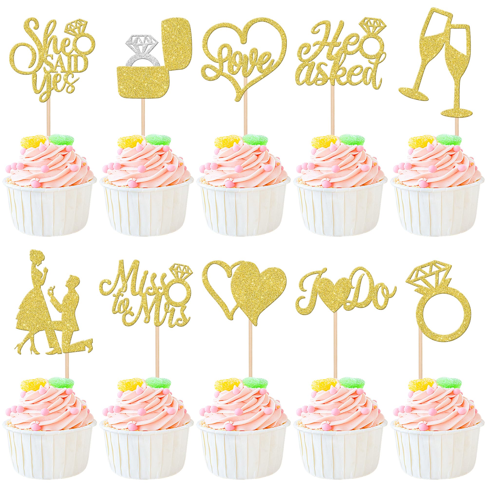 ZHUOWEISM He Asked She Said Yes glitter cupcake topper for wedding desserts