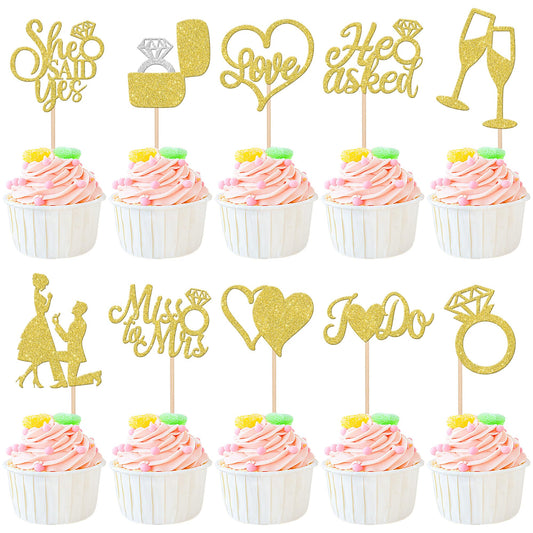 ZHUOWEISM He Asked She Said Yes glitter cupcake topper for wedding desserts