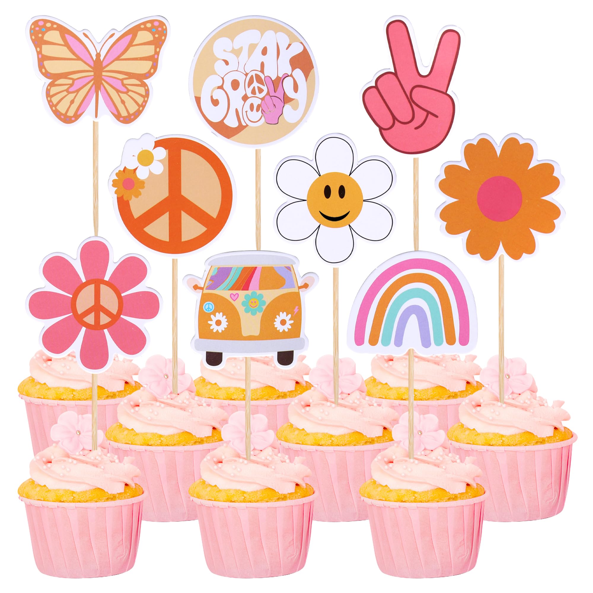 ZHUOWEISM peace sign hand cupcake toppers add retro charm to desserts.