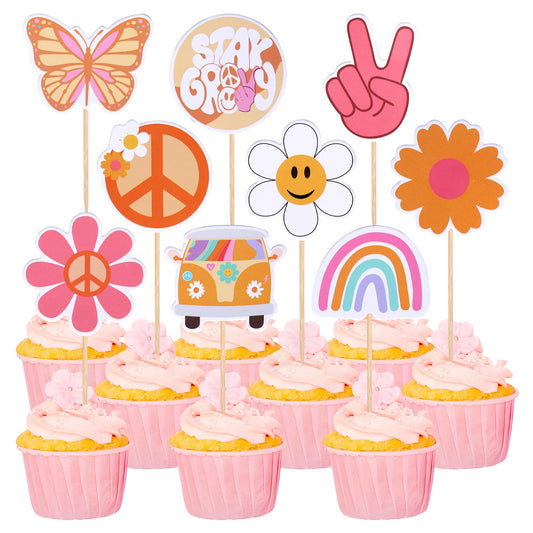 ZHUOWEISM peace sign hand cupcake toppers add retro charm to desserts.