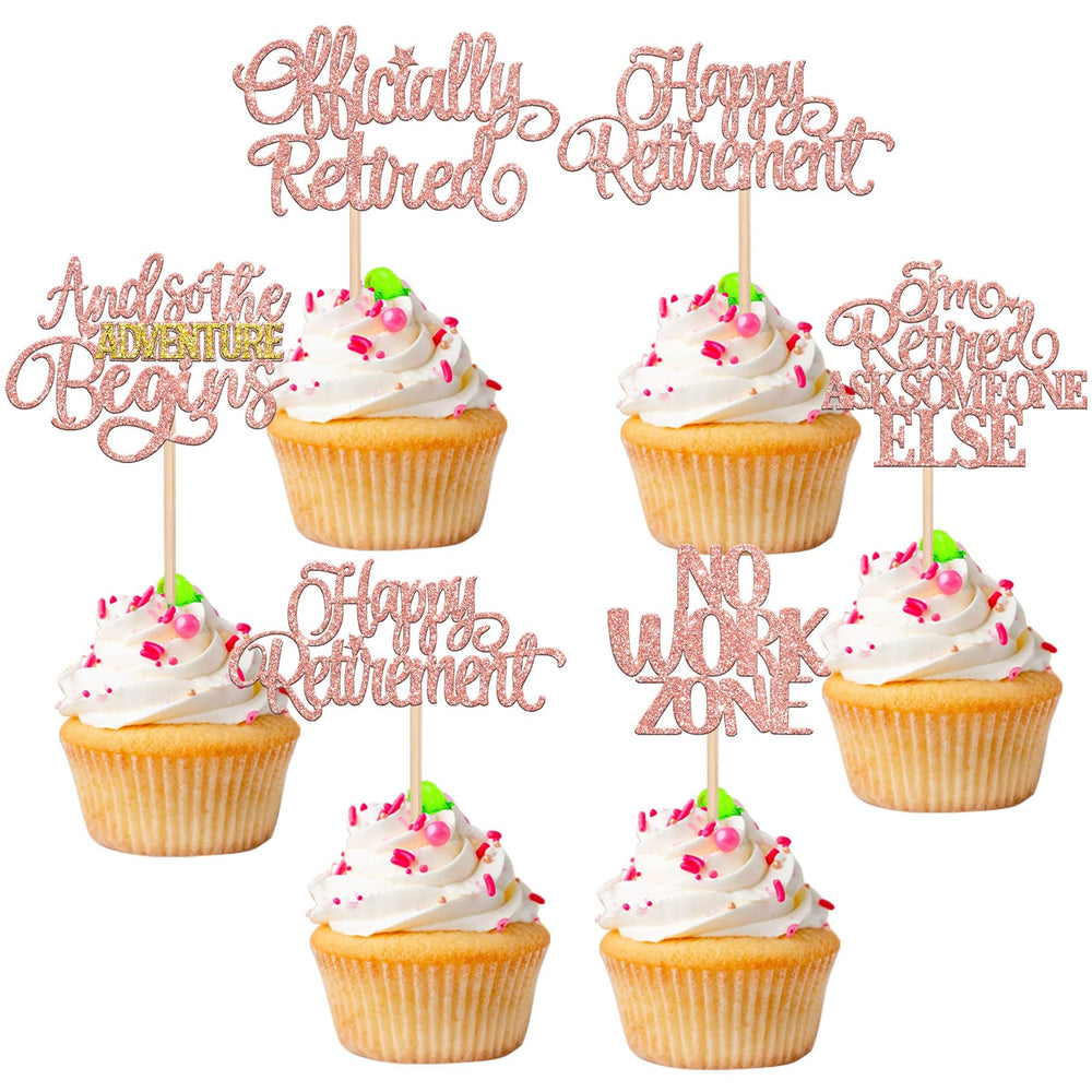 ZHUOWEISM rose-gold retirement topper brightens cupcakes for a festive celebration