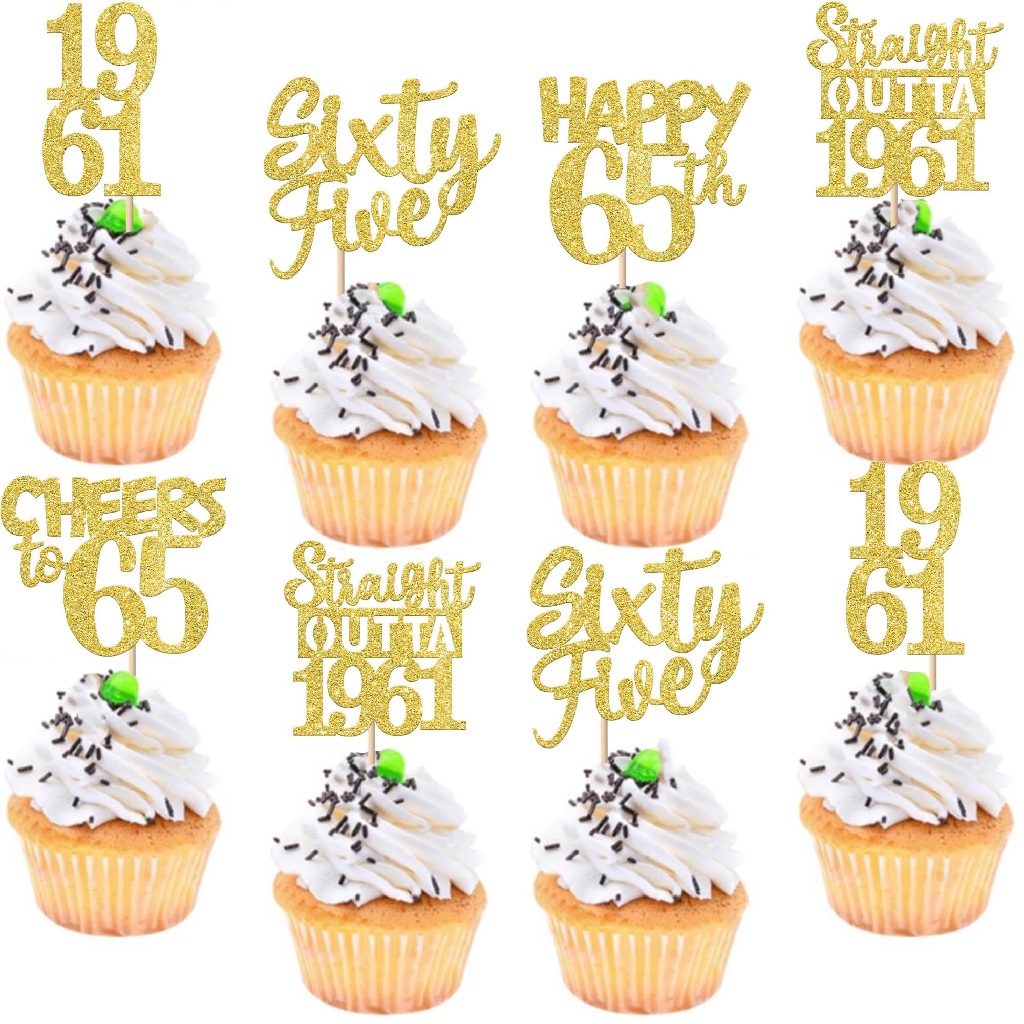 ZHUOWEISM straight outta 1961 cupcake toppers in gold glitter add festive sparkle for a 65th birthday