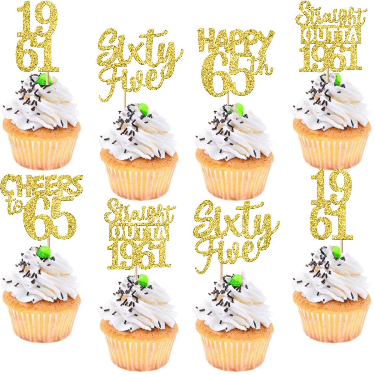 ZHUOWEISM straight outta 1961 cupcake toppers in gold glitter add festive sparkle for a 65th birthday