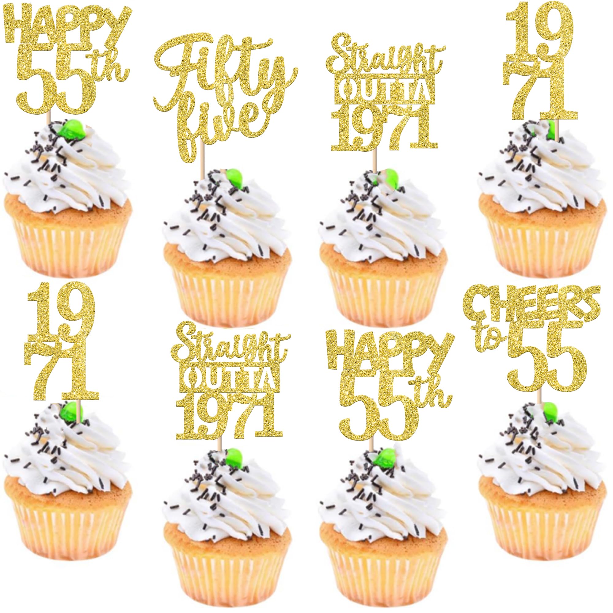 ZHUOWEISM Straight Outta 1971 cupcake toppers add festive gold glitter to 55th birthday treats.