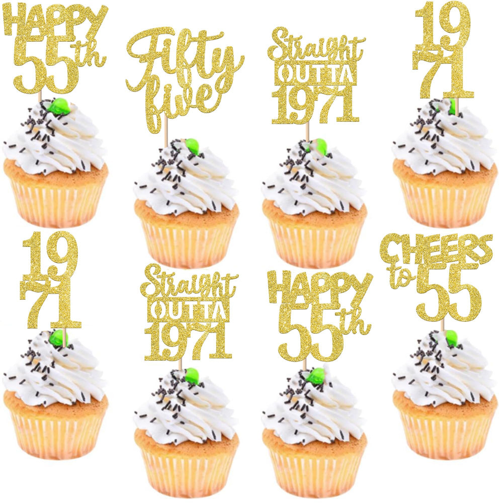 ZHUOWEISM Straight Outta 1971 cupcake toppers add festive gold glitter to 55th birthday treats.