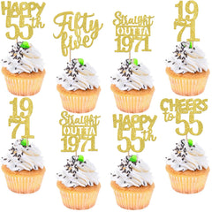 ZHUOWEISM Straight Outta 1971 cupcake toppers add festive gold glitter to 55th birthday treats.