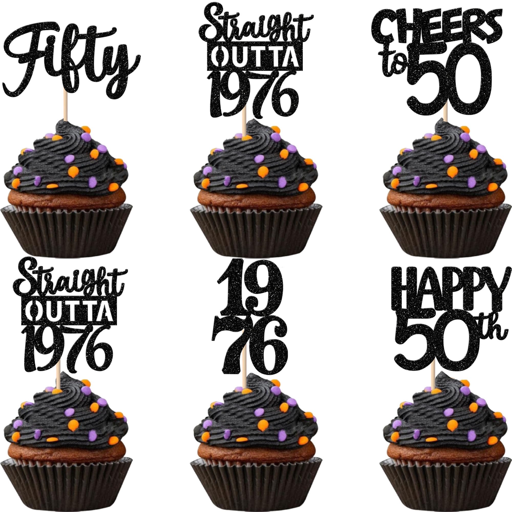 ZHUOWEISM Straight Outta 1976 cupcake toppers in black glitter for bold party decor