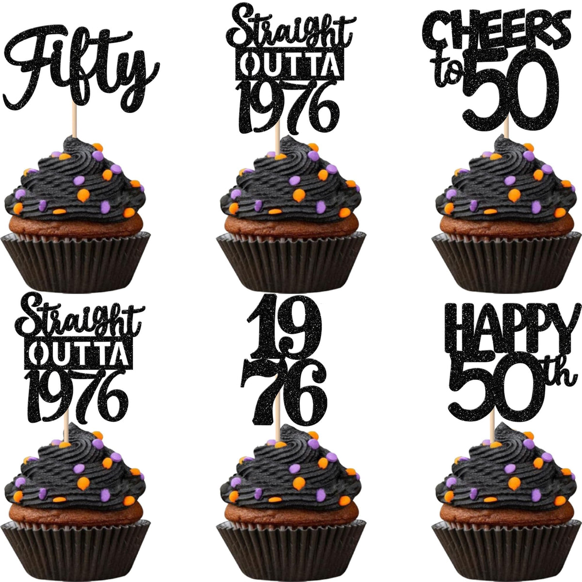 ZHUOWEISM Straight Outta 1976 cupcake toppers in black glitter for bold party decor