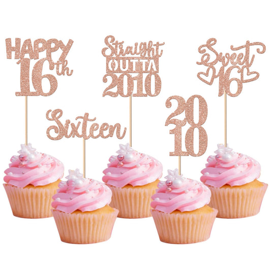 ZHUOWEISM Straight Outta 2010 cupcake toppers in glitter rose gold for 16th birthday decor