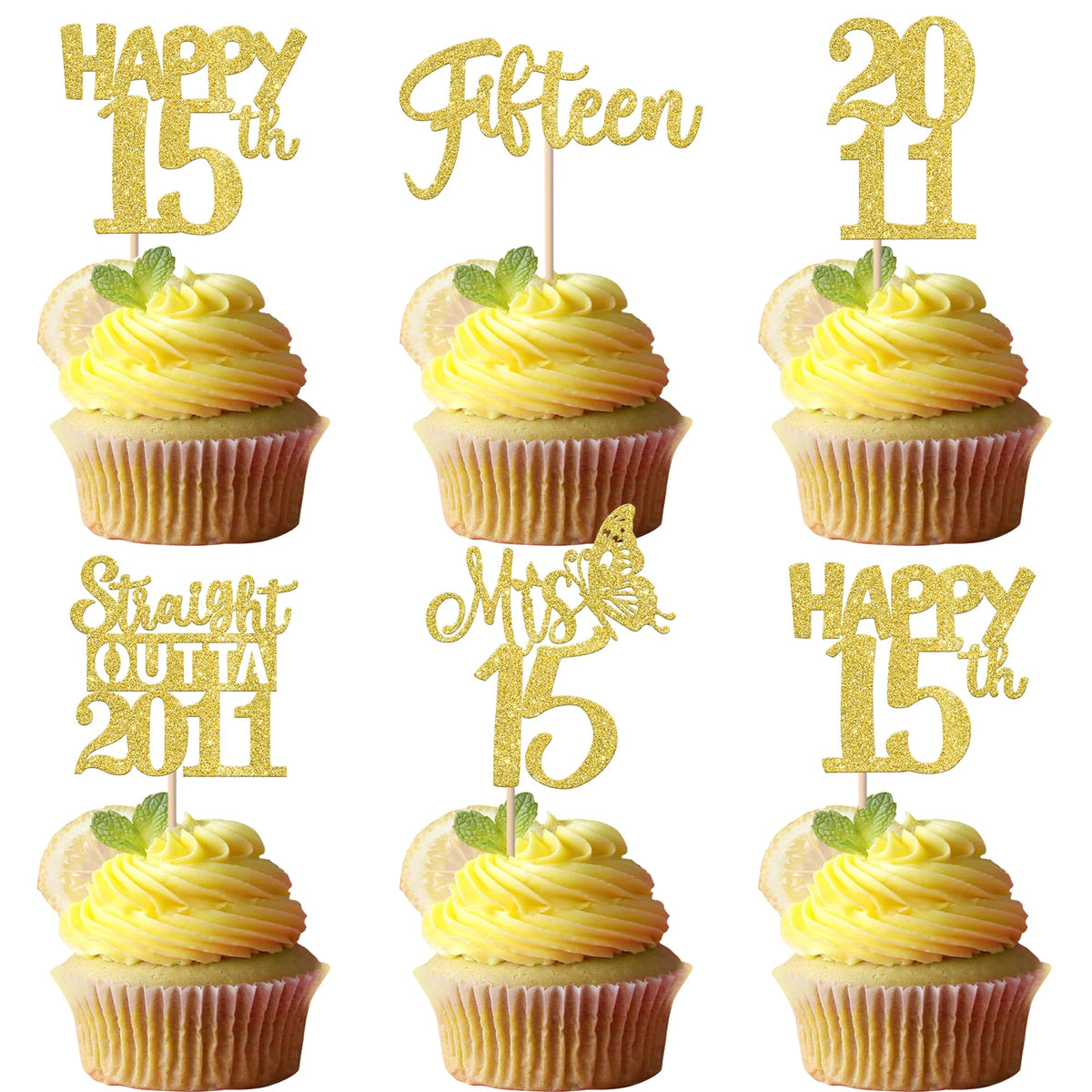 ZHUOWEISM Straight Outta 2011 cupcake topper in gold glitter adds festive sparkle to cupcakes.