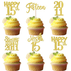 ZHUOWEISM Straight Outta 2011 cupcake topper in gold glitter adds festive sparkle to cupcakes.