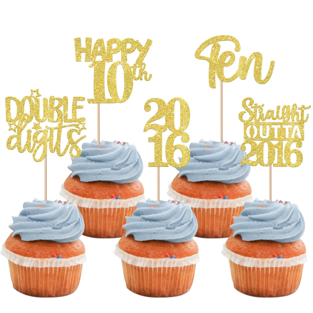ZHUOWEISM straight outta 2016 cupcake toppers add gold glitter sparkle to 10th birthday desserts.
