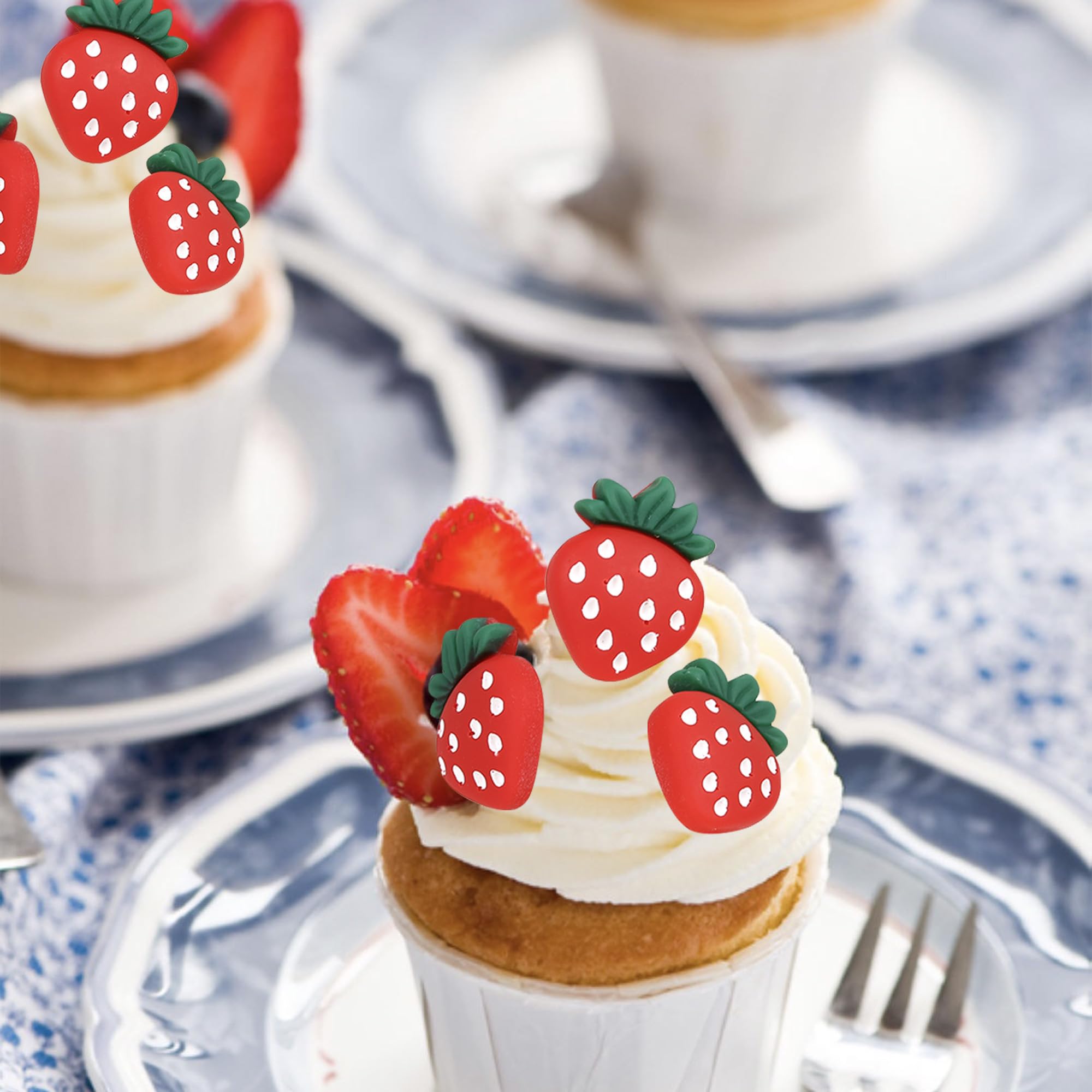 ZHUOWEISM strawberry toppers fit cupcakes and desserts for a vibrant fruit theme.