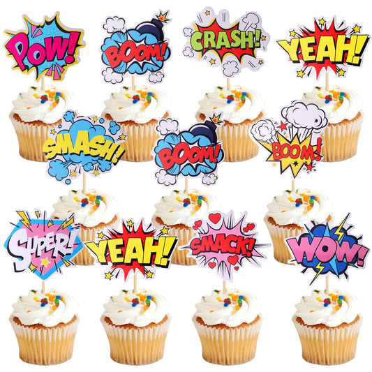 ZHUOWEISM Super Hero Boom cupcake topper front glitter adds sparkle to treats.