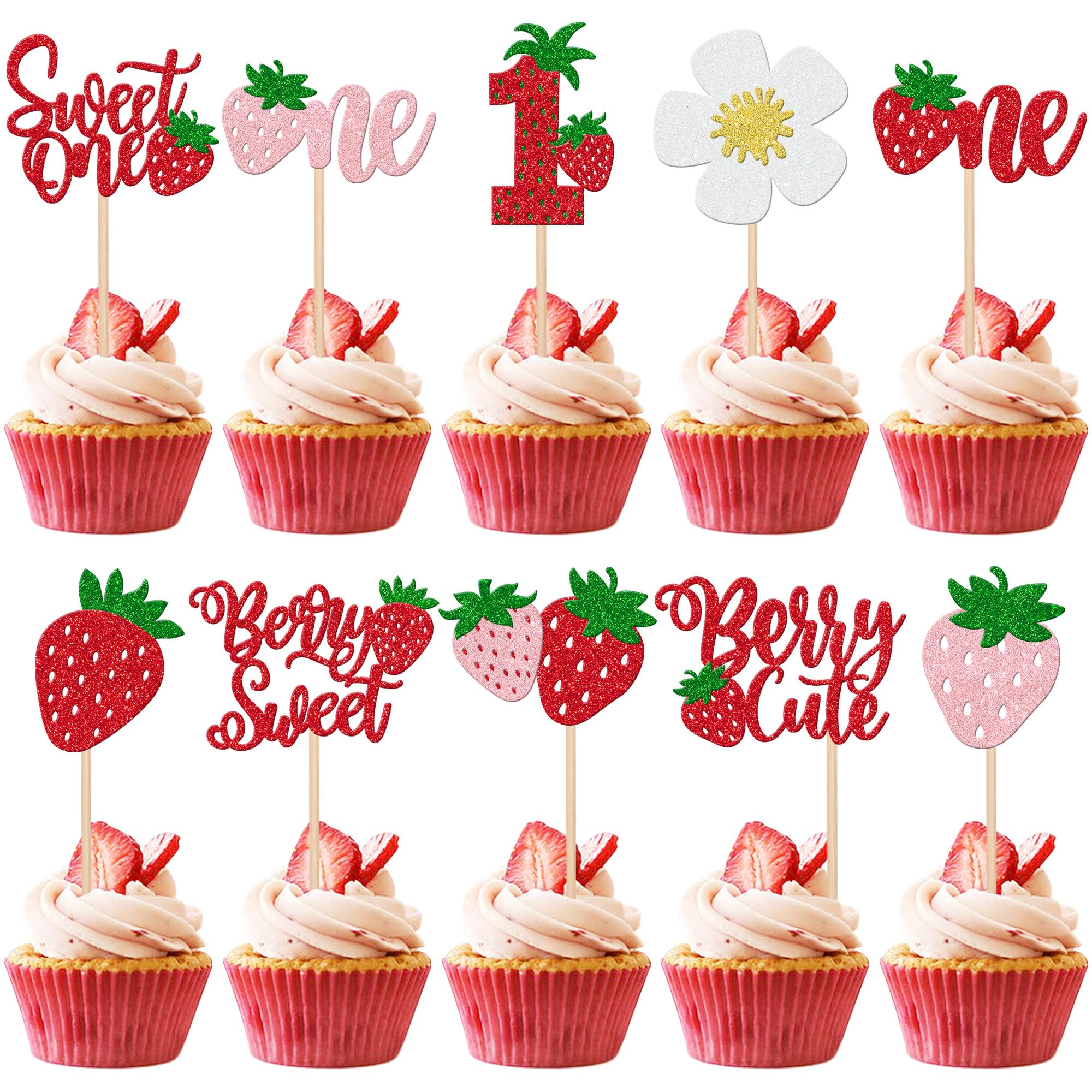 ZHUOWEISM Sweet One Strawberry cupcake toppers decorate cupcakes with glittery strawberry flair.