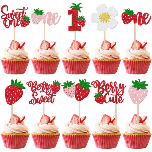 ZHUOWEISM Sweet One Strawberry cupcake toppers decorate cupcakes with glittery strawberry flair.