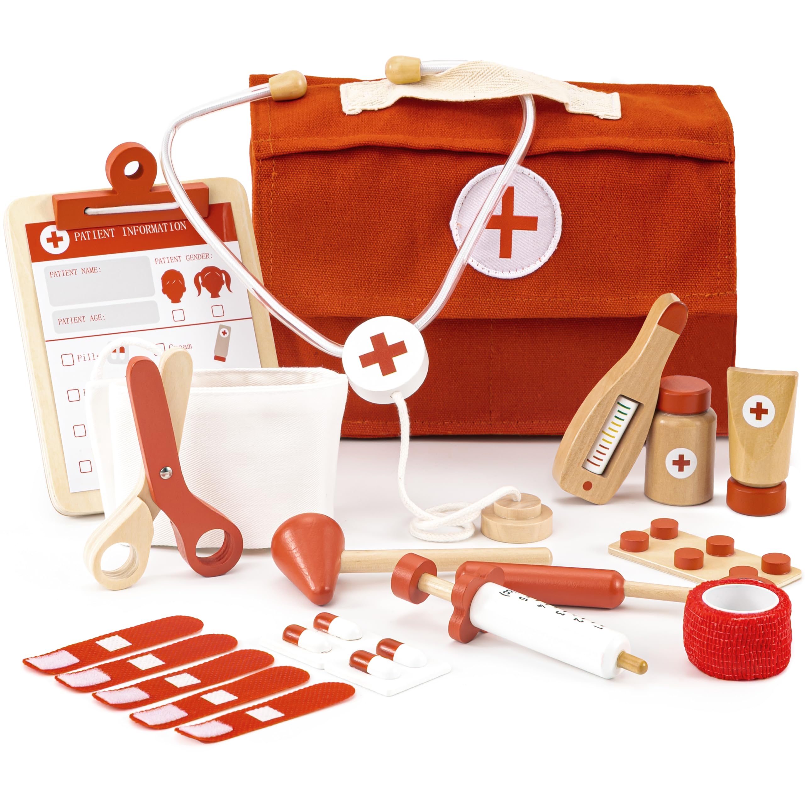 ZICOTO wooden doctor set in a red case invites imaginative play and easy cleanup.