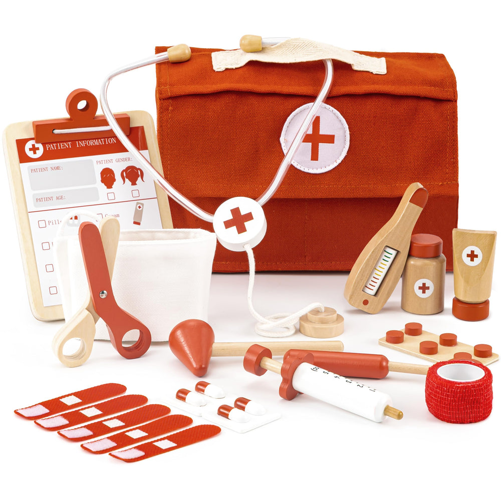 ZICOTO wooden doctor set in a red case invites imaginative play and easy cleanup.