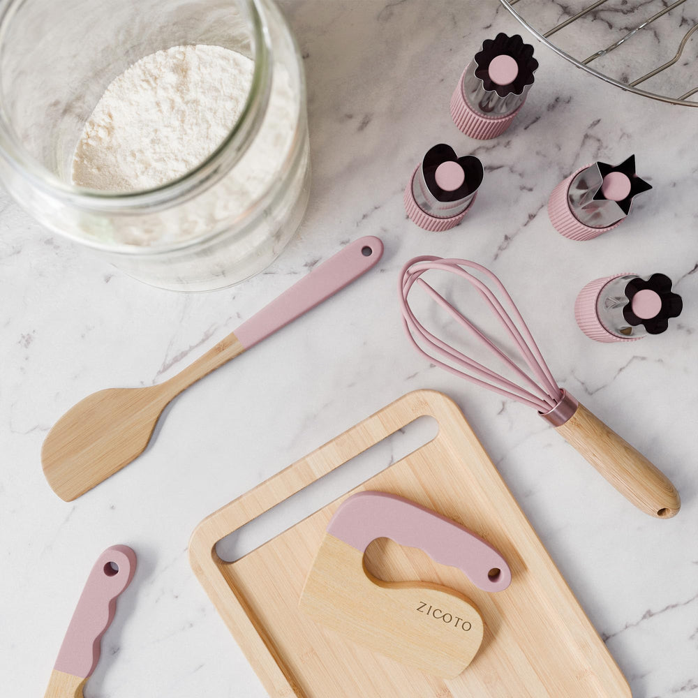 ZICOTO wooden chopper included for pretend and real cooking practice.