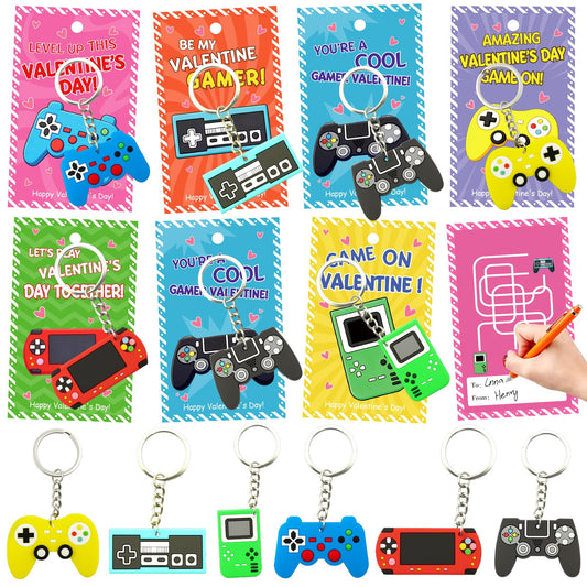 ZICZLI 28-pack valentines cards with video game controller keychains for classroom exchanges