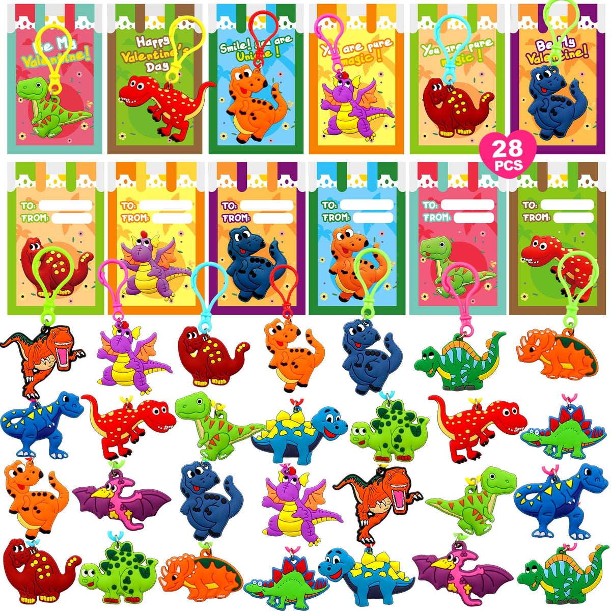ZICZLI dinosaur keychains with valentines cards for classroom exchanges.