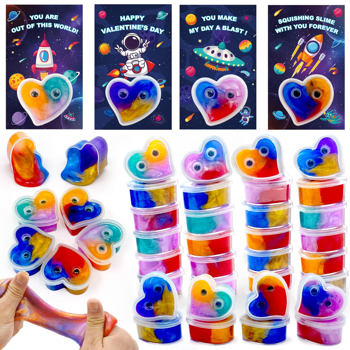 ZICZLI space valentines slime and cards, ideal for classroom exchanges and party favors.