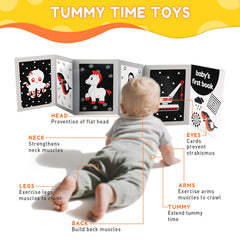 Zikhoobusik tummy time on floor promotes engagement and muscle strengthening.