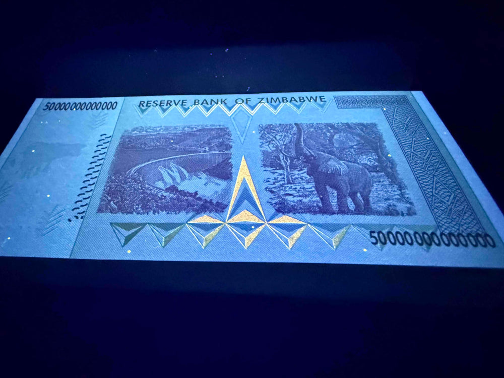 Zimbabwe 50 Trillion AA P90 note back waterfall and elephant, ideal for display and gifting