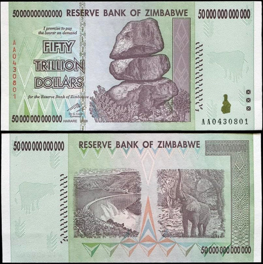 Zimbabwe 50 Trillion AA P90 note face rock formations, ideal for display and collection