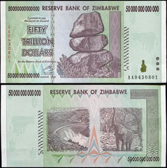 Zimbabwe 50 Trillion AA P90 note face rock formations, ideal for display and collection