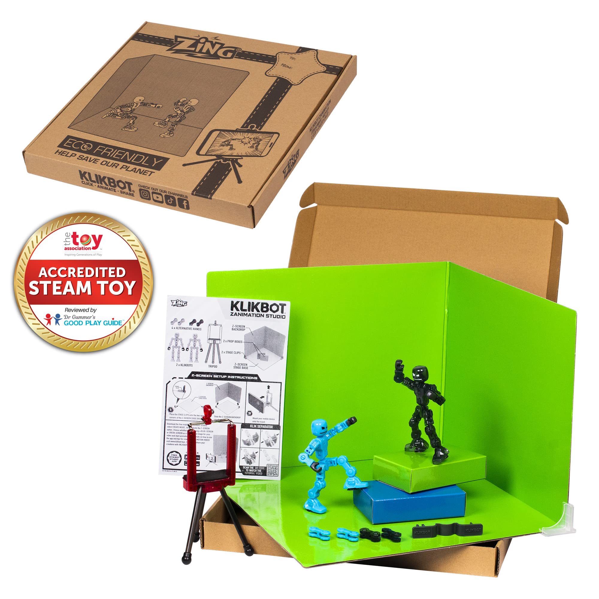 Zing Klikbot Zanimation Studio blue-grey figures posed for stop-motion storytelling.