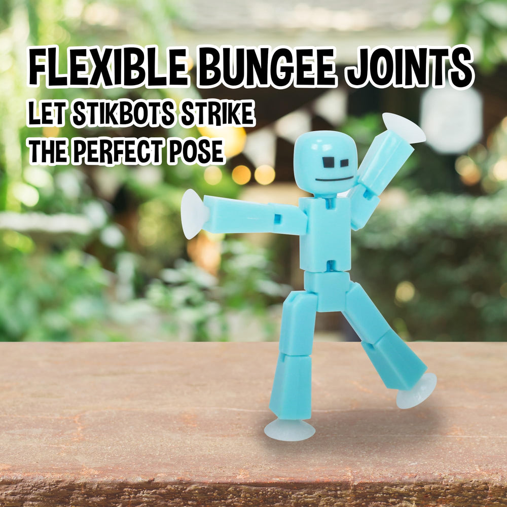 Zing StikBot Ice Blue figure on desk ready for filming