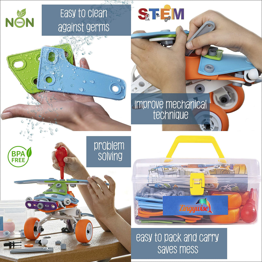 Zingywise storage box with handle keeps parts organized after play.