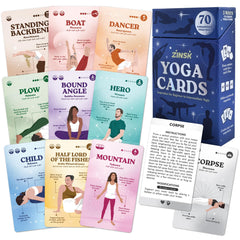 Zinsk 70 Premium Yoga Cards cobra pose with alignment cues for beginners.