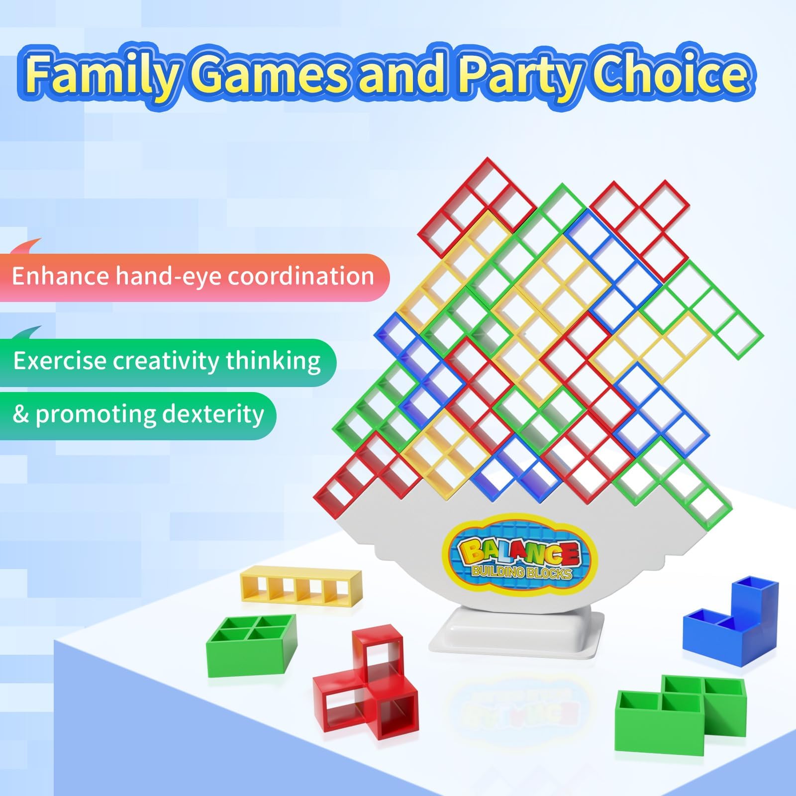 Ziogogco 48 stacking bricks assembly highlights portable fun and quick setup.