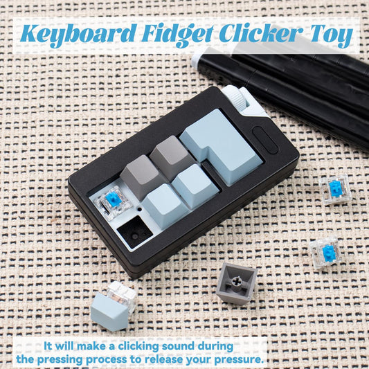Zioyihan Keyboard Fidget Clicker black-blue side angle highlighting compact desk decoration.