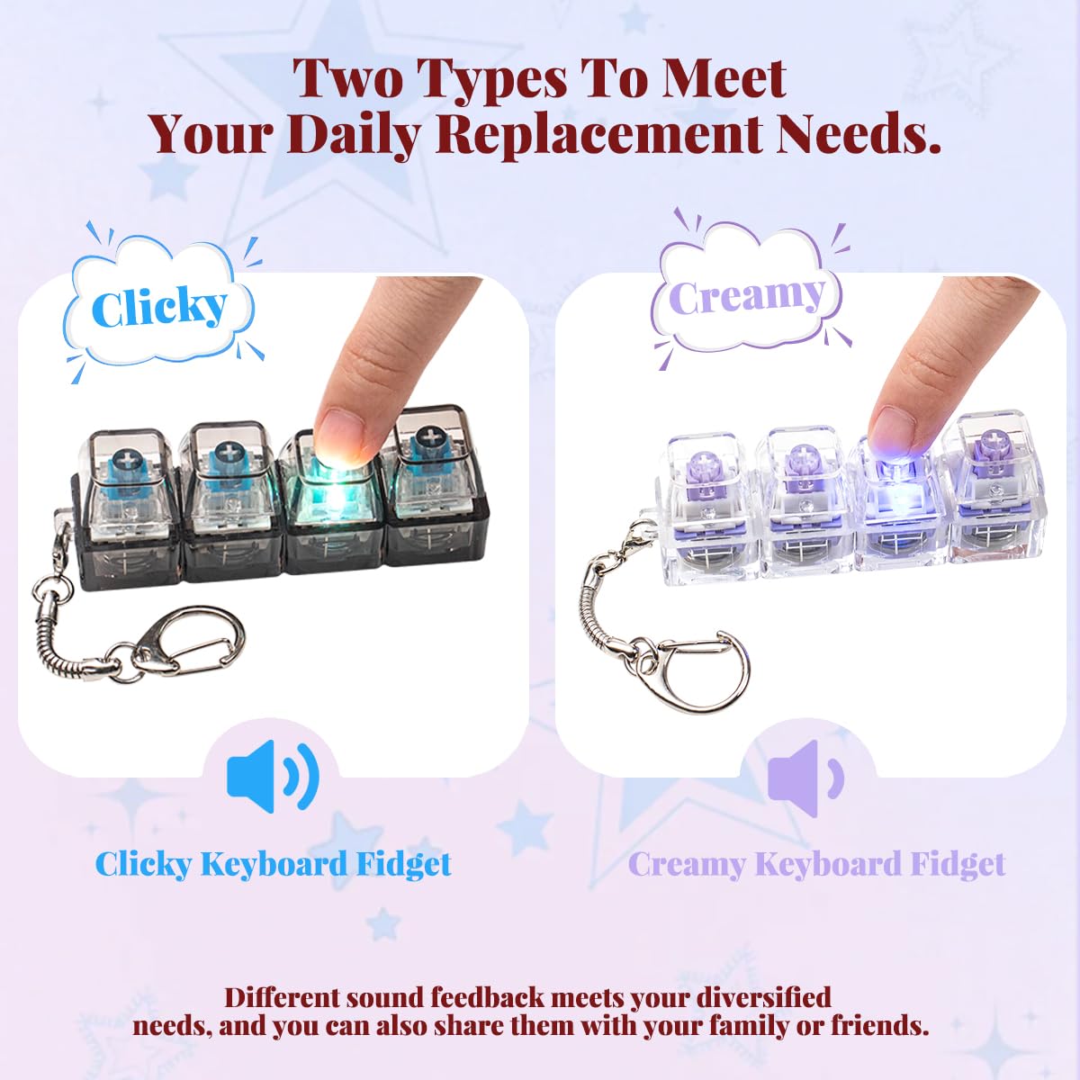 Zioyihan keyboard fidget toy with LED light illuminated when pressed for tactile feedback.
