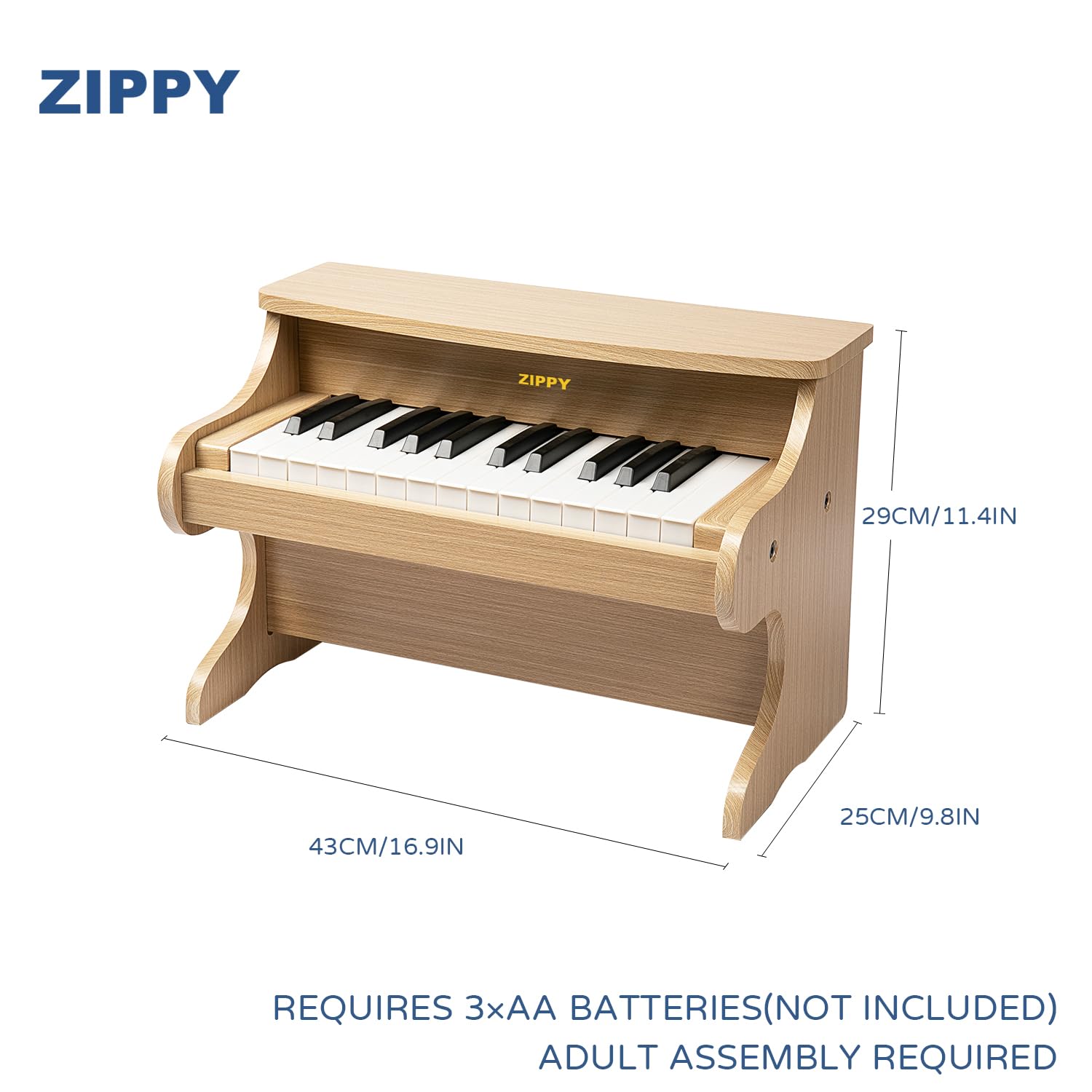 ZIPPY 25-key wooden piano assembled, sturdy MDF construction.