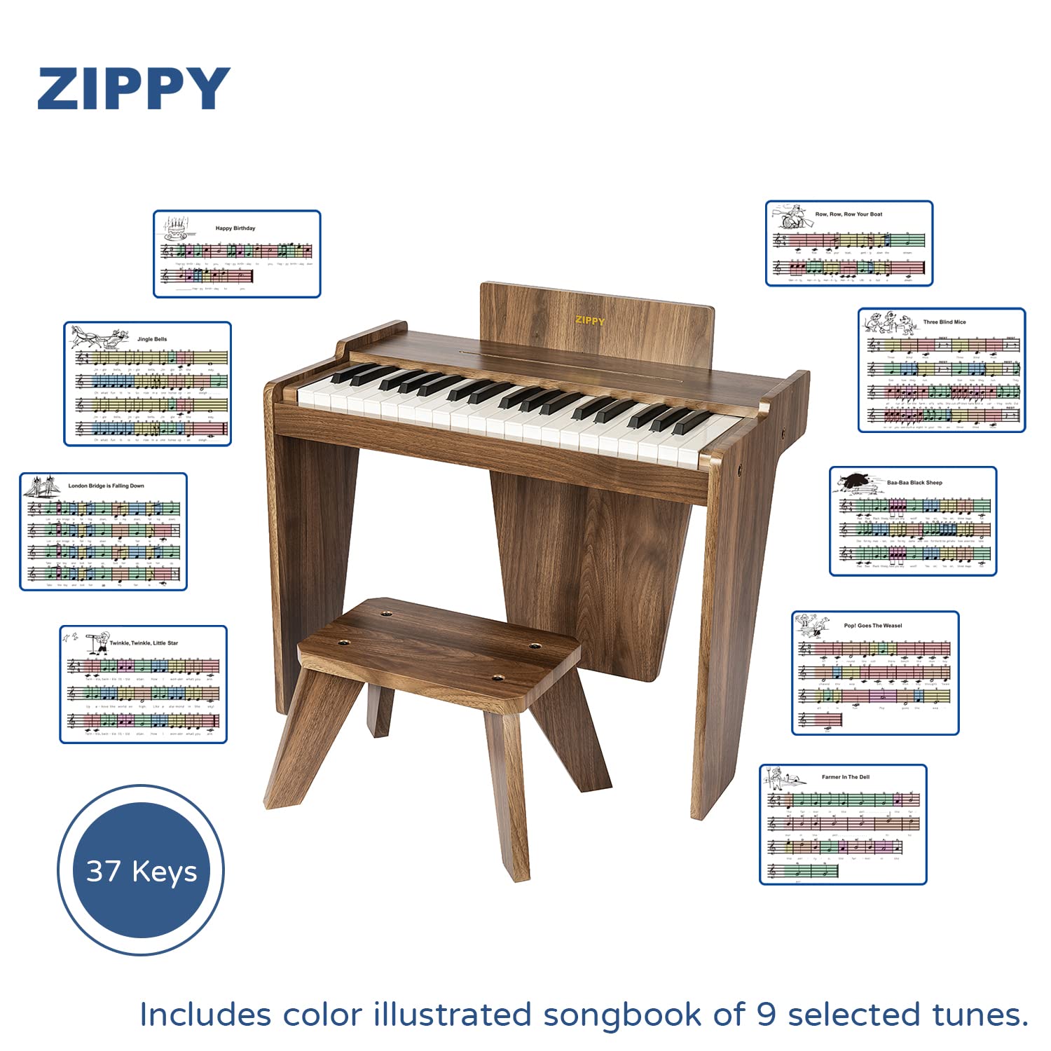 ZIPPY Kids Piano shows easy-to-use design for family music time and quick setup.