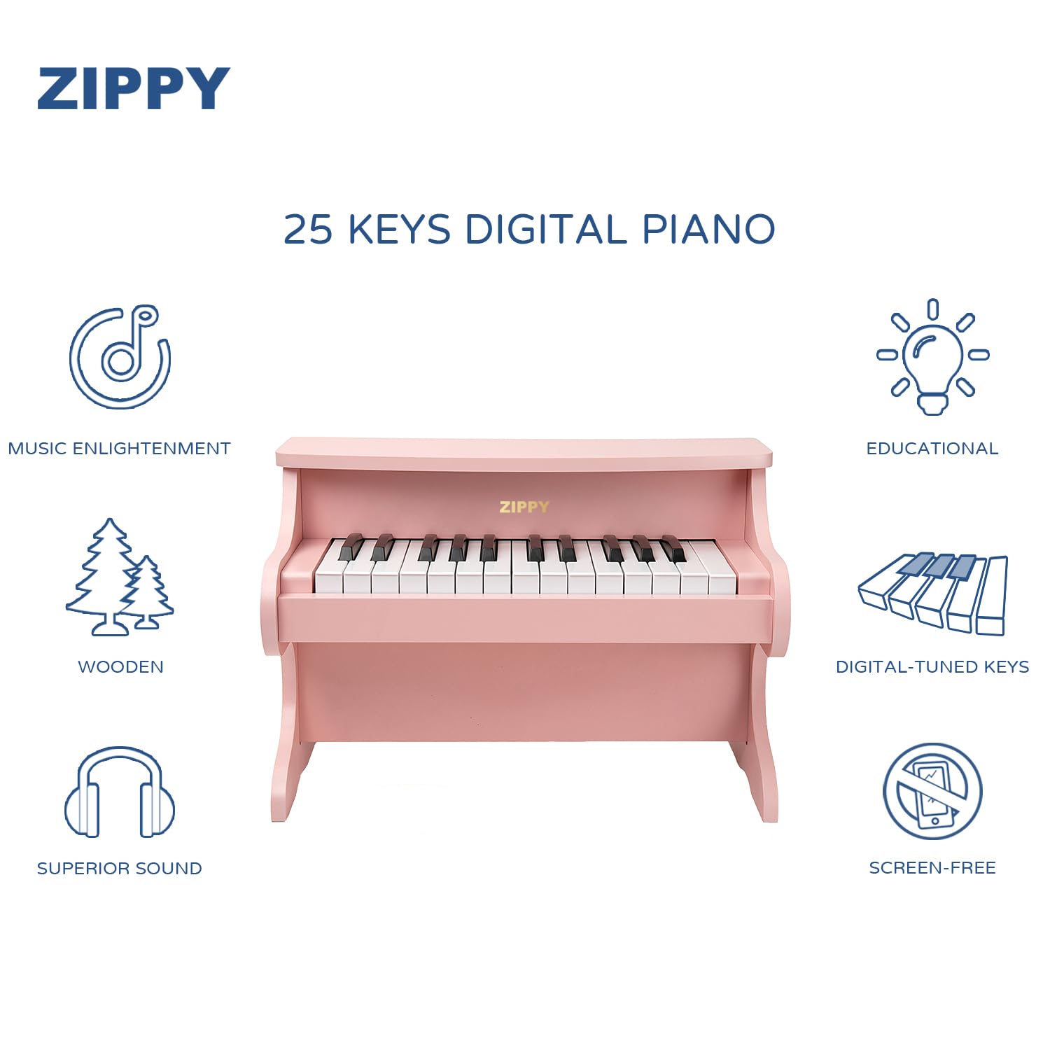 ZIPPY Kids Piano Keyboard side view highlighting sturdy MDF construction.