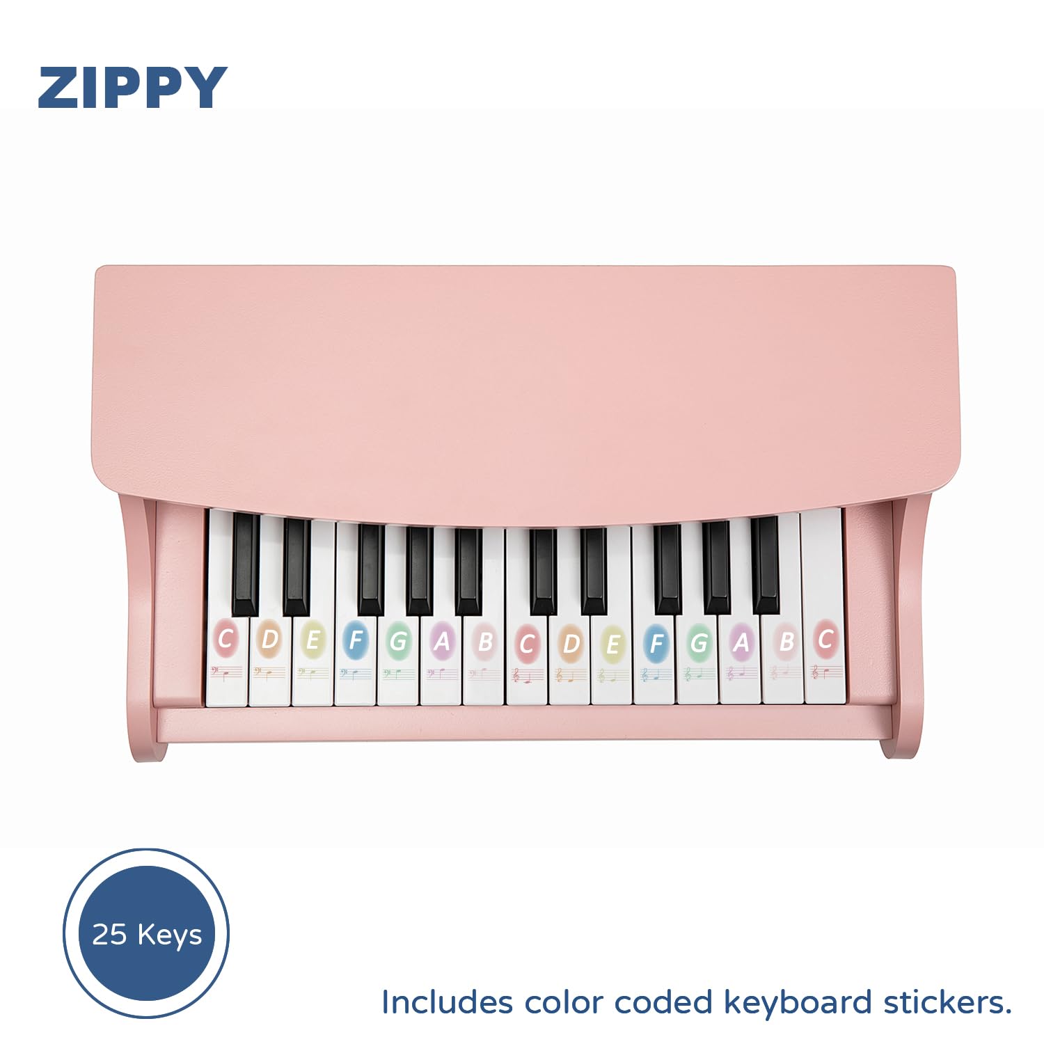 ZIPPY keyboard-stickers in color-coded aid learning and play.