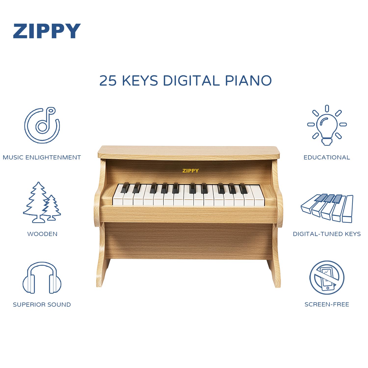 ZIPPY piano close-up shows wood finish and kid-friendly design.