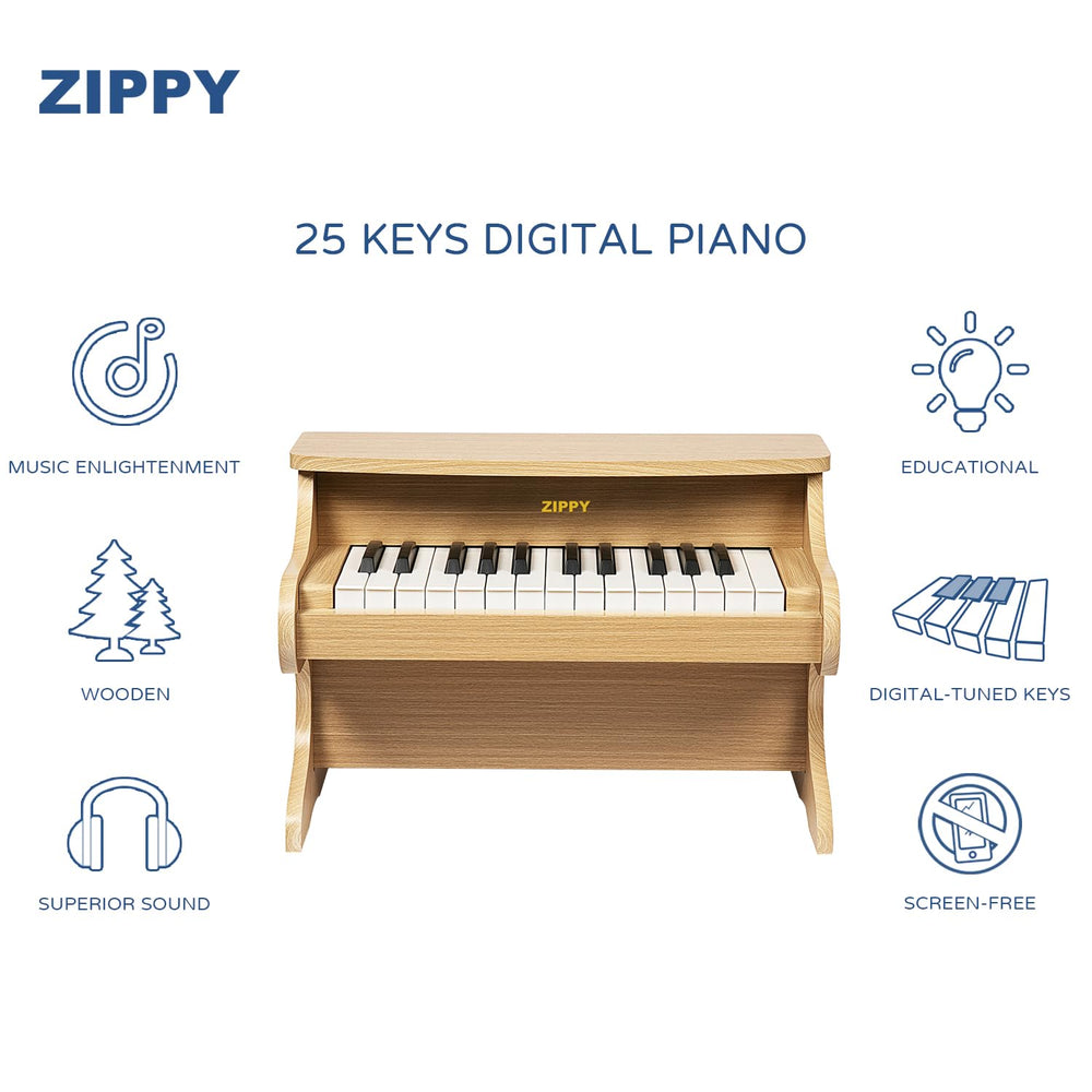 ZIPPY piano close-up shows wood finish and kid-friendly design.