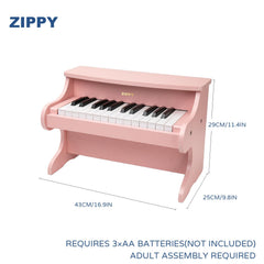 ZIPPY wood-finish-piano blends retro decor with play space.