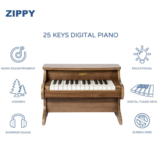 ZIPPY Kids Piano side angle shows sturdy wood construction for durability.