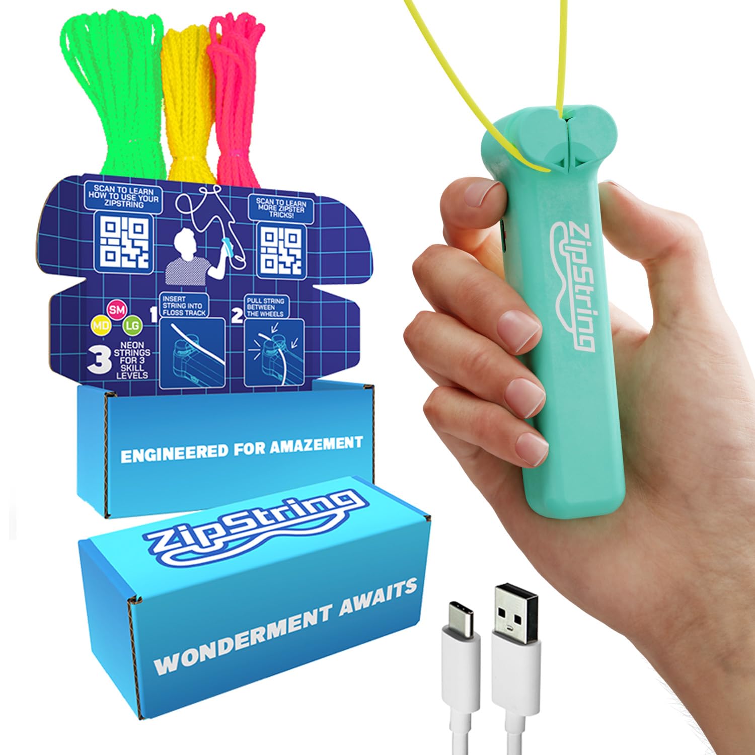 ZipString Original rope launcher toy packaging, ideal for gifting and easy setup