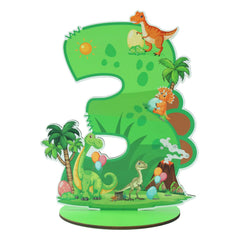 ZiQilin dinosaur 3rd birthday centerpiece on table for festive photos.