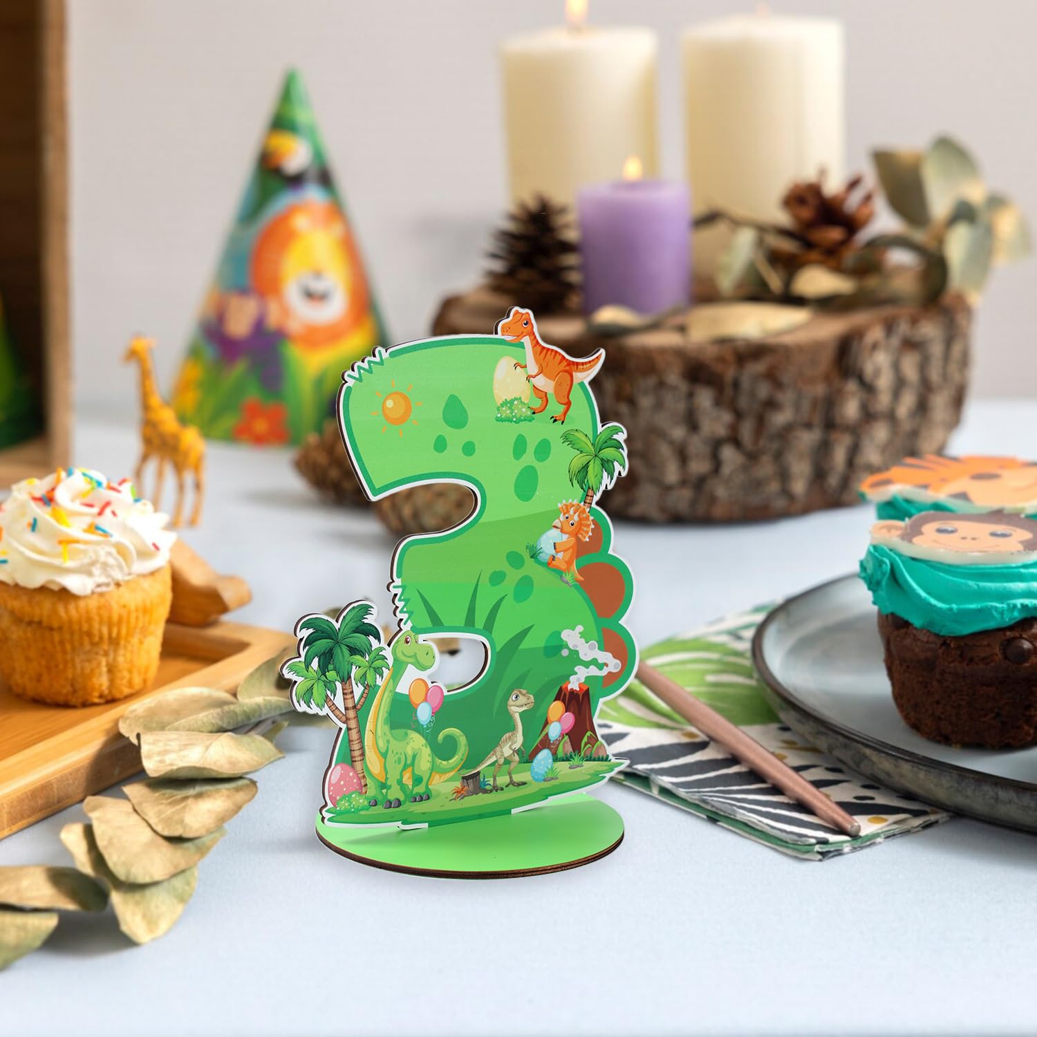 ZiQilin wooden dinosaur table decor in green theme for kids parties.