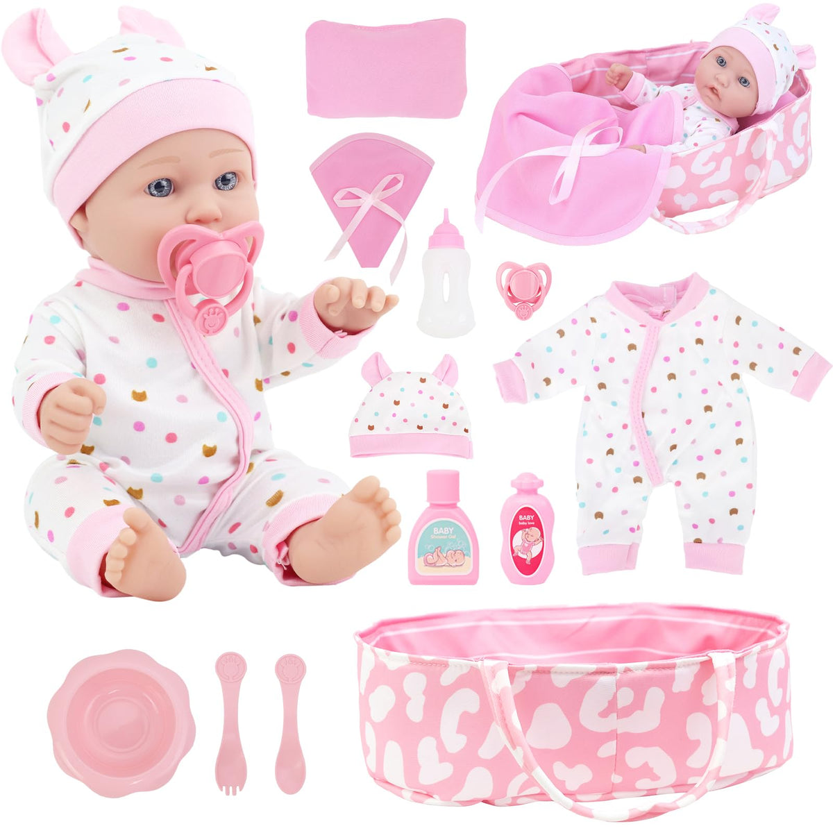 Zita Element 12-inch baby doll resting in sleeping basket for nurturing play